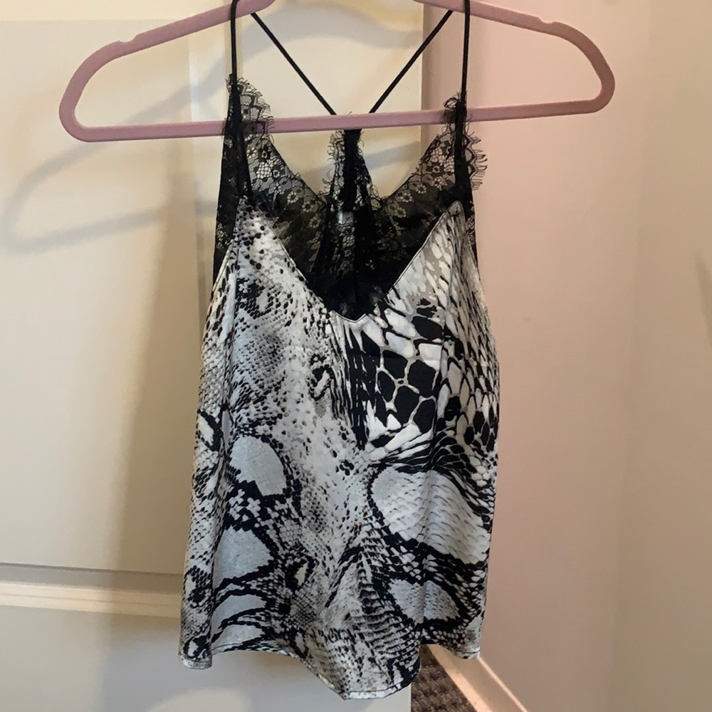SHEIN print tank top with black lace detail